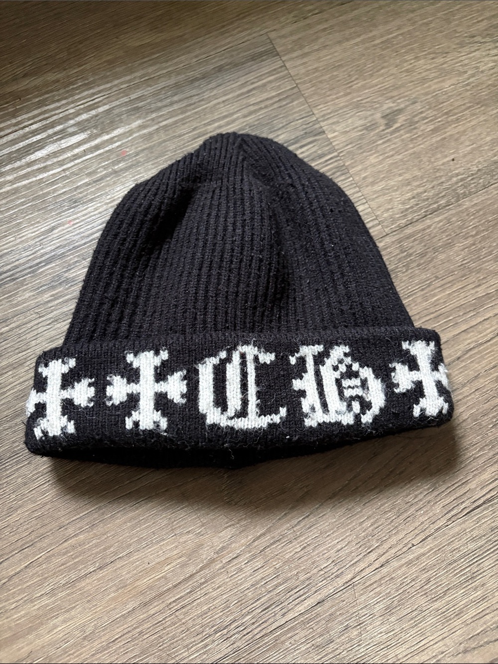Used Chrome Hearts Black Knit Beanie with White Gothic Logo